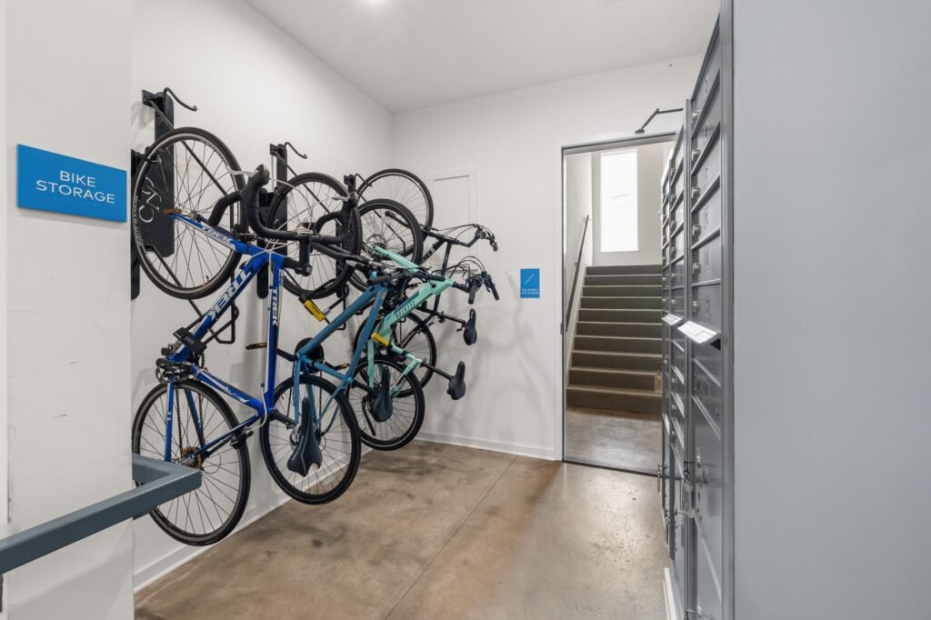 A commuter bike locked in a secure office bike room or monitored parking area.
