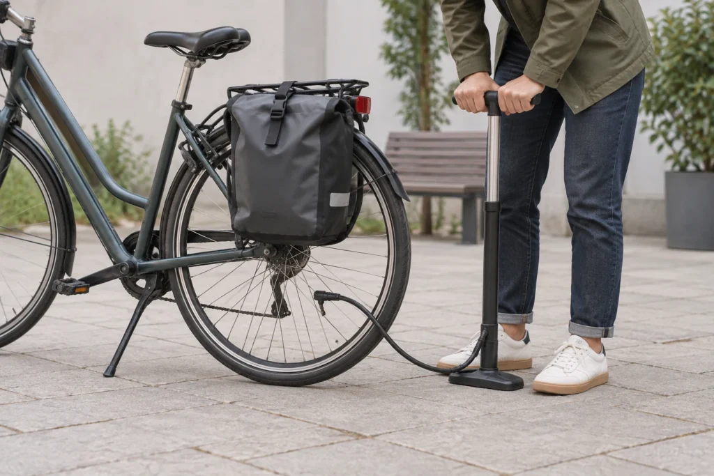 A rider checks tire pressure on a city bike carrying a loaded rear pannier.