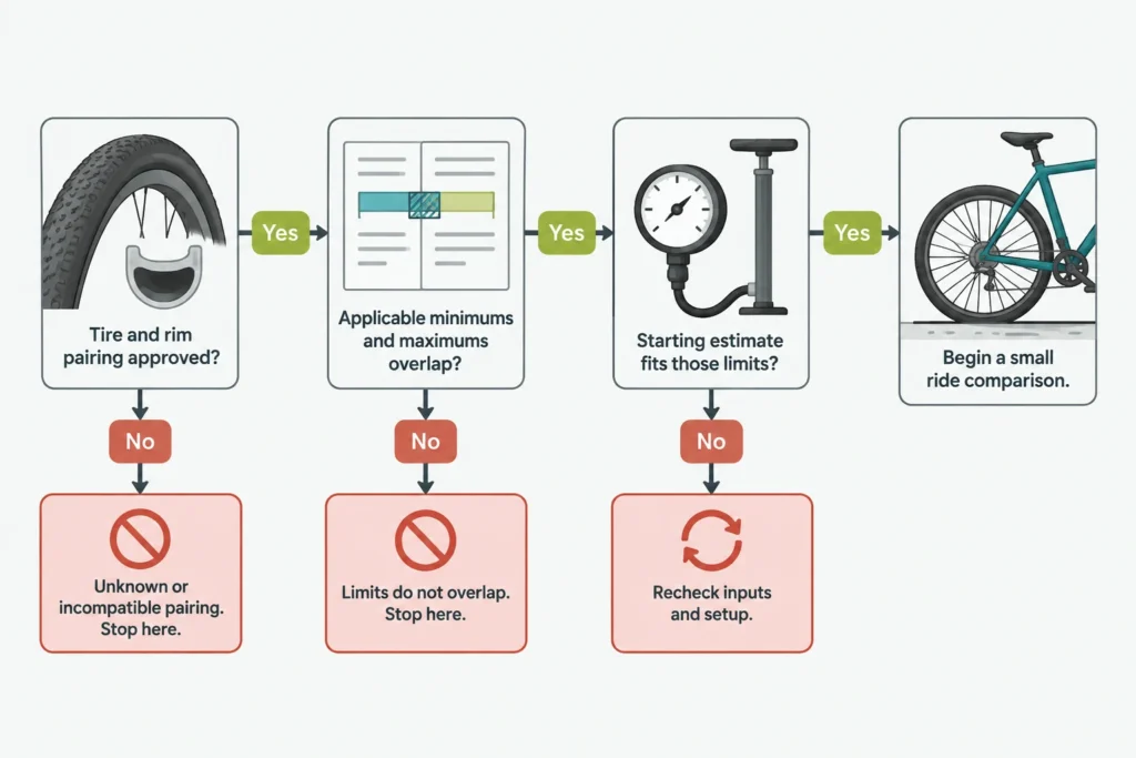 Flow diagram requiring tire-and-rim approval and overlapping pressure limits before using a starting estimate.