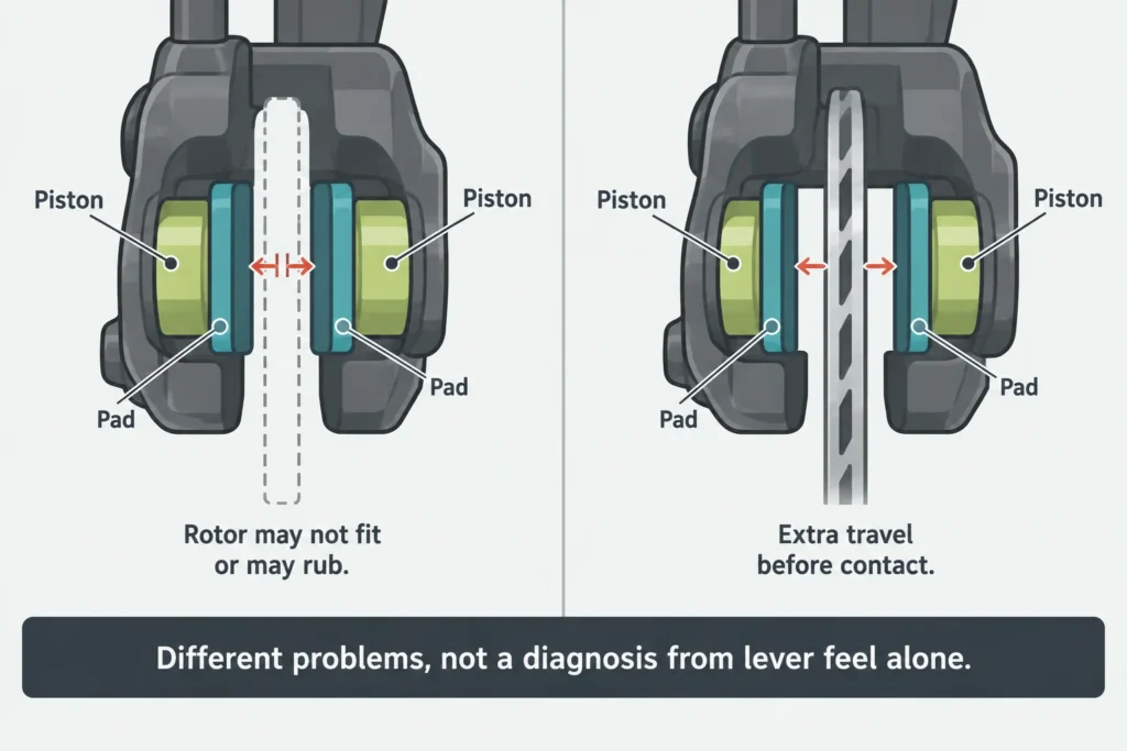 Caliper diagrams compare pads too close together without a rotor and pads too far from an installed rotor.