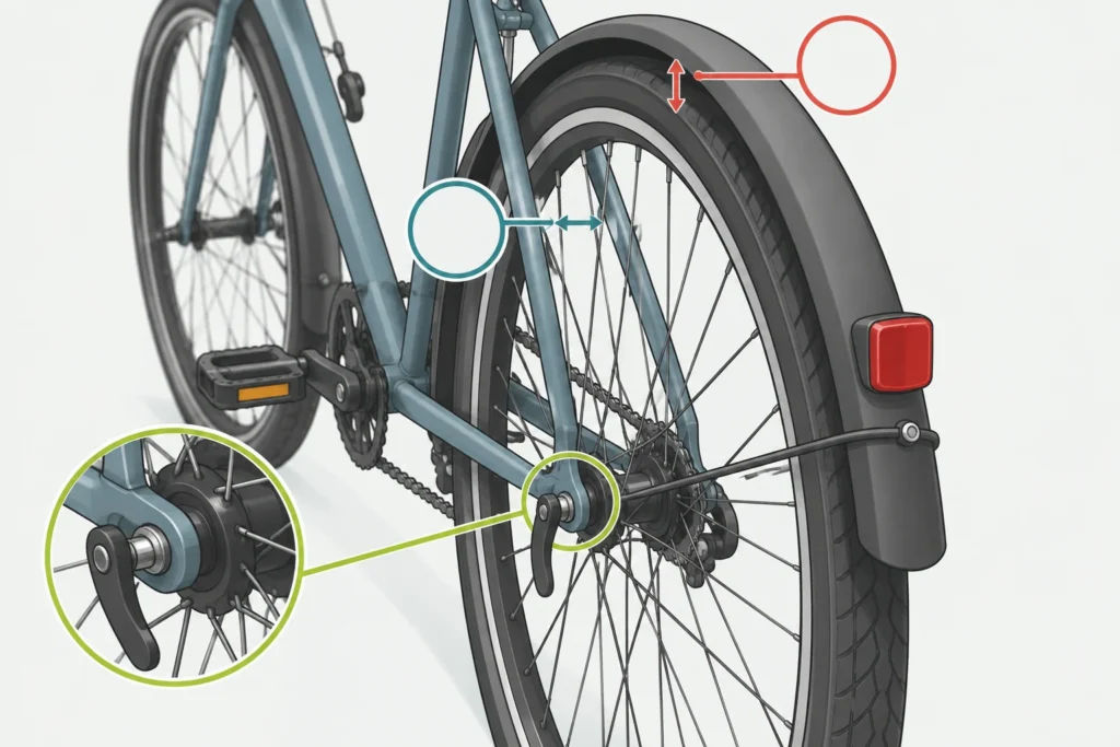 Rear bicycle wheel with axle mounting and tire clearance at the frame and fender labeled.