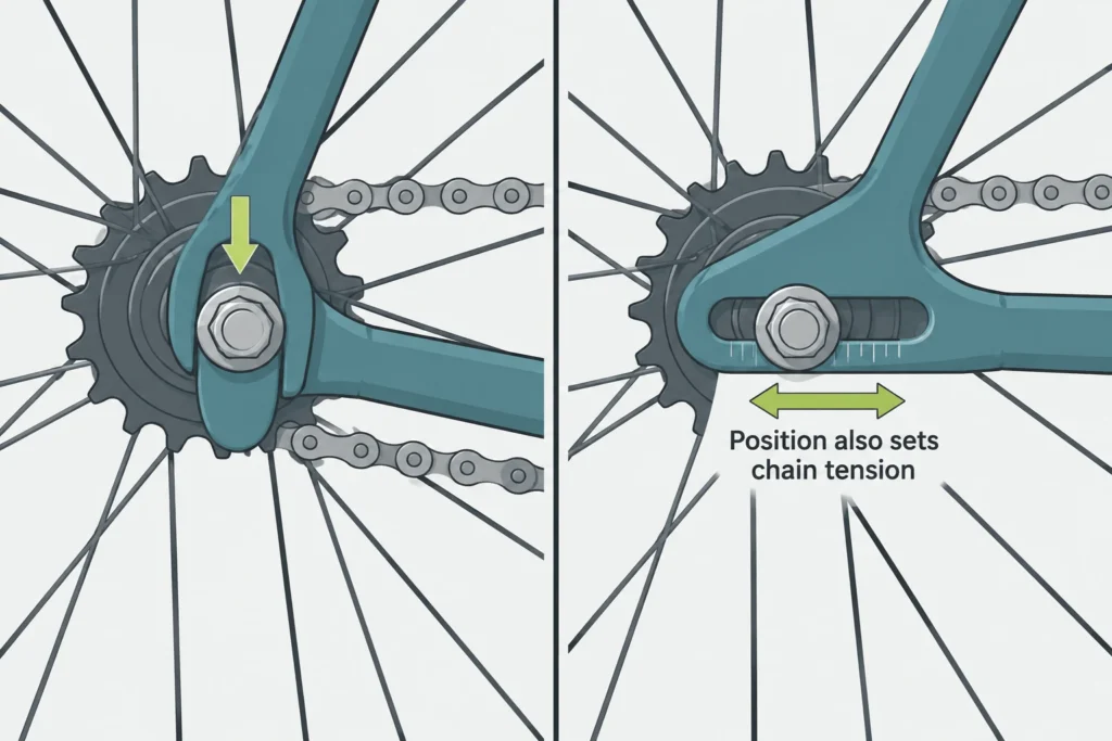 Vertical dropout with a seated axle compared with a horizontal slot where axle position affects chain tension.