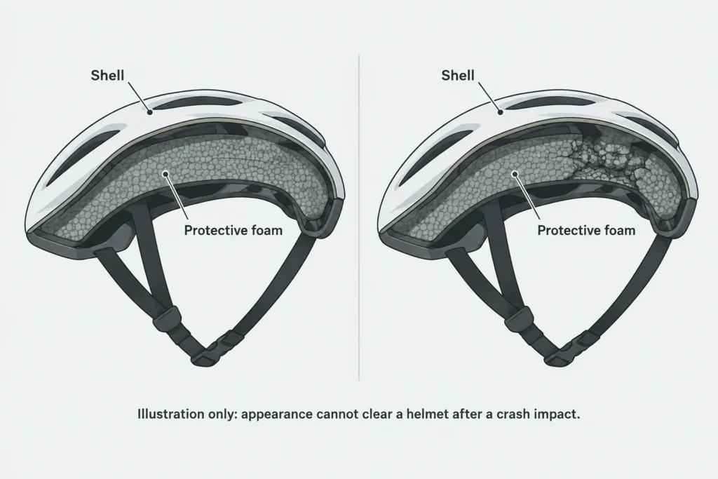 Helmet cutaways showing how an intact outer shell can conceal crushed protective foam.